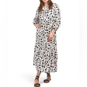 Rachel Zoe Geometric Black White Quarter Sleeves Collared Maxi Dress Size XS